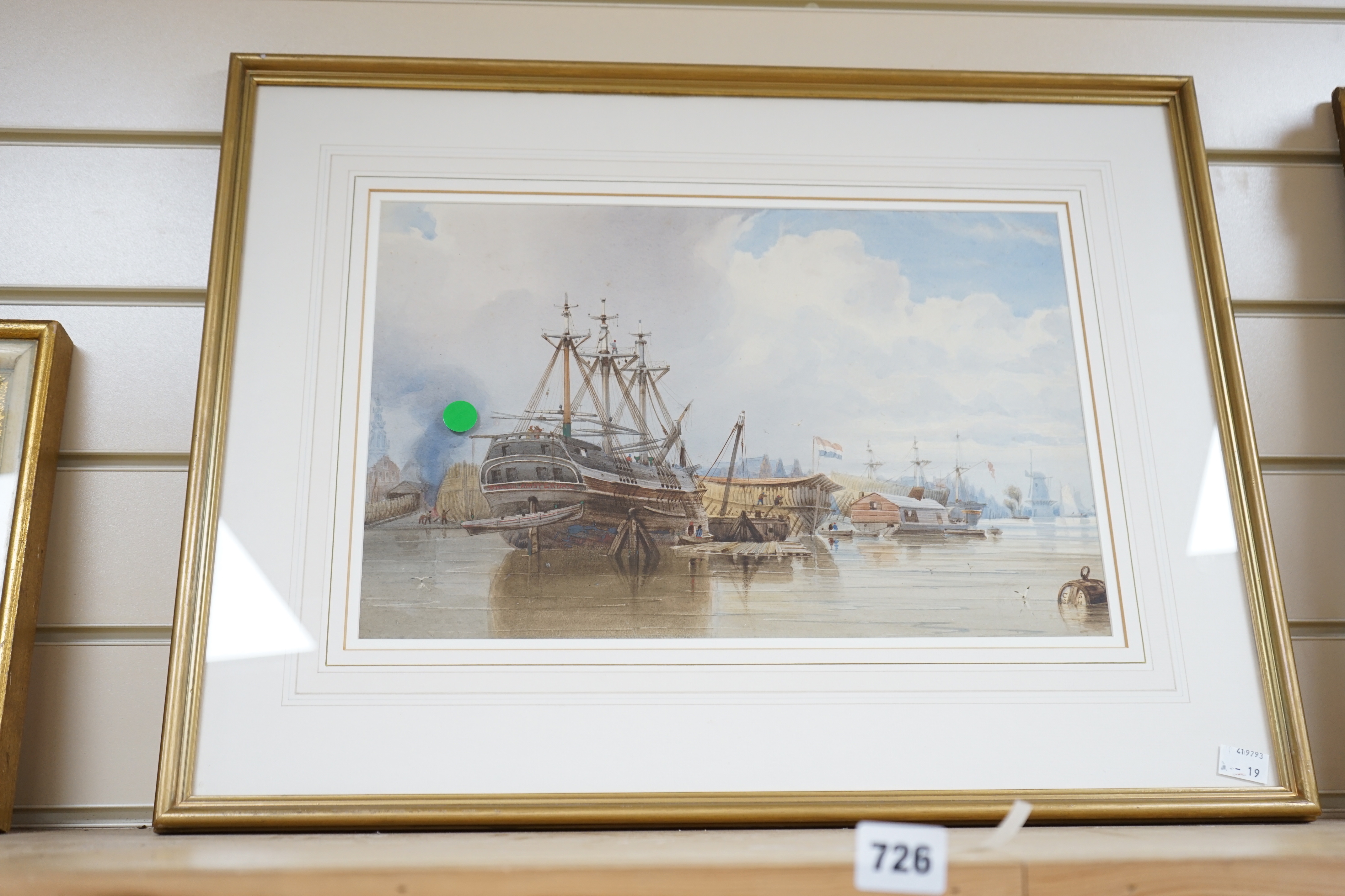 William Clarkson Stanfield RA (1793-1867), watercolour, French harbour with galleons at anchor, signed monogram (on barrel), dated 1860, 26 x 41cm